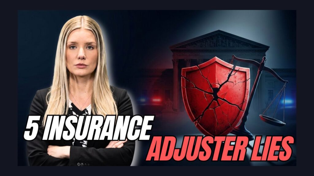Serious blonde woman in a blazer beside a cracked red shield and scales, with bold '5 INSURANCE ADJUSTER LIES' text in the foreground.