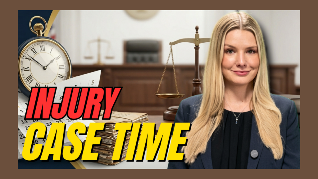 Lawyer in a courtroom with a scale of justice and bold red 'INJURY' plus yellow 'CASE TIME' text overlay