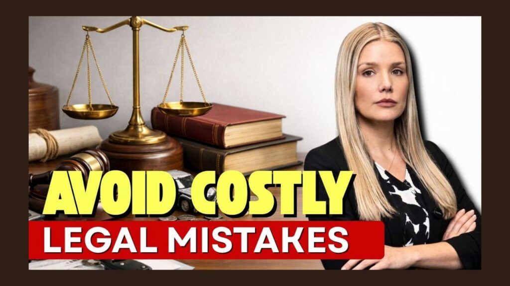 Law-themed banner with scales of justice, a gavel, and stacked legal books beside a confident female attorney; bold text reads 'Avoid Costly Legal Mistakes'.