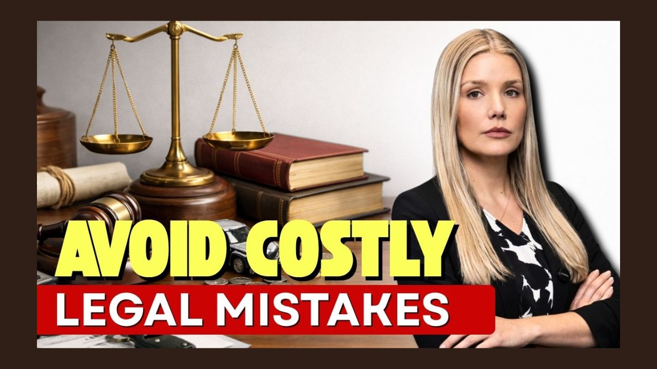EImages Blog Images | Indy Auto Attorneys Law-themed banner with scales of justice, a gavel, and stacked legal books beside a confident female attorney; bold text reads 'Avoid Costly Legal Mistakes'.