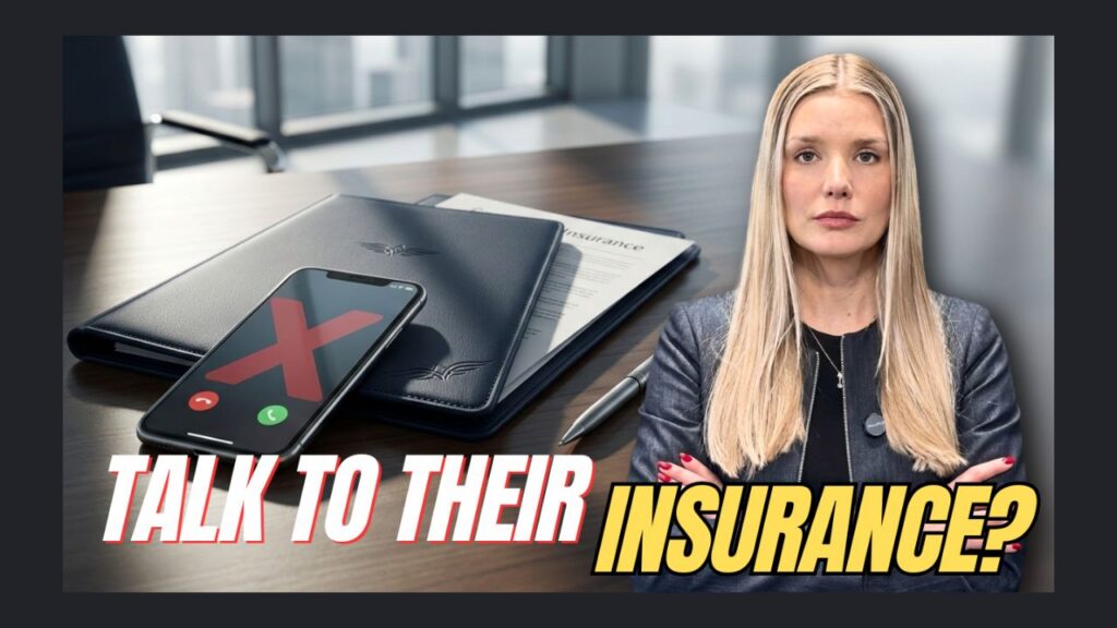 Businesswoman seated at a desk with an open portfolio and a smartphone showing a large red X, plus insurance papers on the desk – caption reads 'Talk to Their Insurance?'