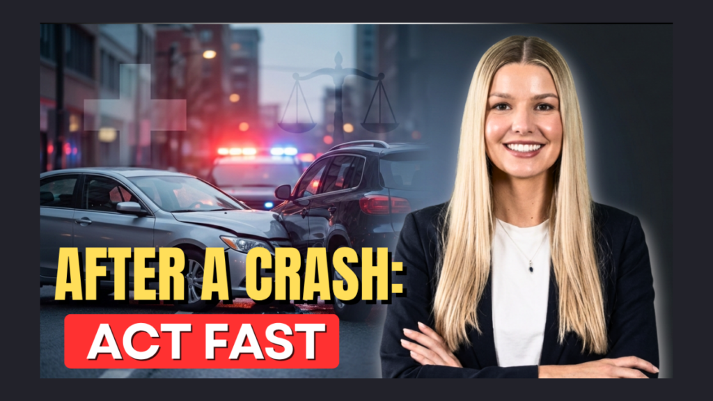 Professional woman lawyer with folded arms beside a car crash scene and flashing police lights; bold text reads 'AFTER A CRASH: ACT FAST'.