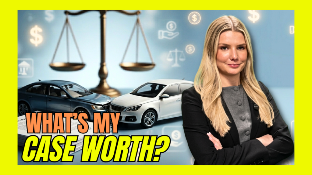 Businesswoman with folded arms beside two cars; scales of justice in background and caption 'What’s my case worth?'