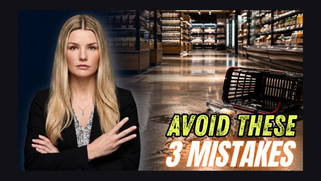 Woman with arms crossed in a grocery store aisle, a tipped shopping cart and bold 'Avoid These 3 Mistakes' text in the foreground.