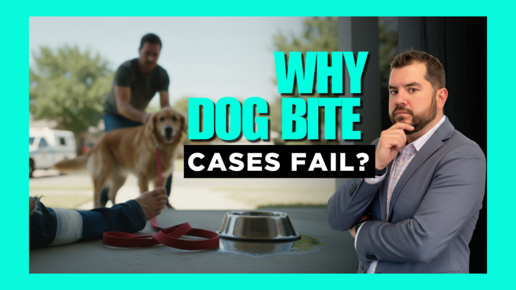 Thumbnail: man in a suit on the right, a dog on the left, with bold teal text 'WHY DOG BITE CASES FAIL?'