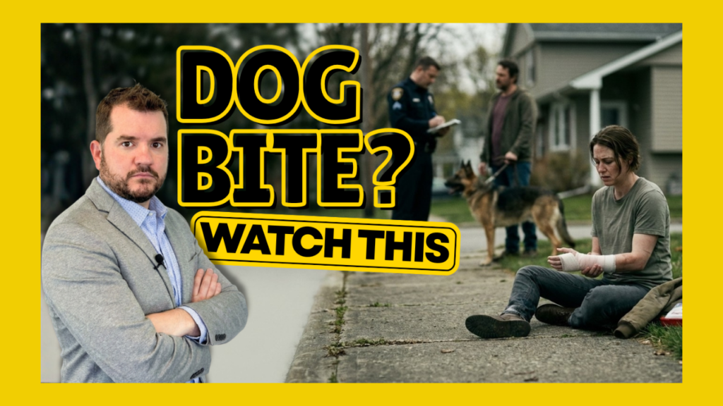 Thumbnail showing a suited man on the left and an injured person on a curb with police and a dog in the background; bold yellow text reads 'DOG BITE? WATCH THIS'.