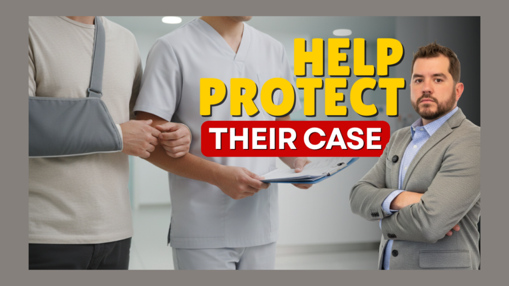 Medical professionals and a lawyer stand in a clinic-like setting with bold 'Help Protect Their Case' text overlay.