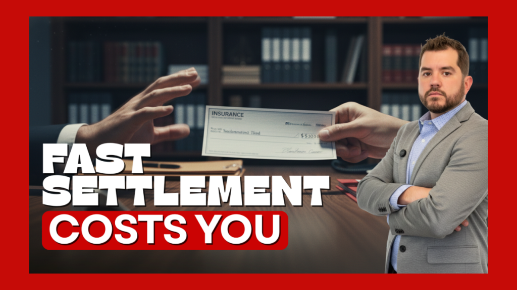 Businessman in a gray suit stands with arms crossed as a check is handed over in a lawyer-like office; bold headline reads 'FAST SETTLEMENT COSTS YOU'.