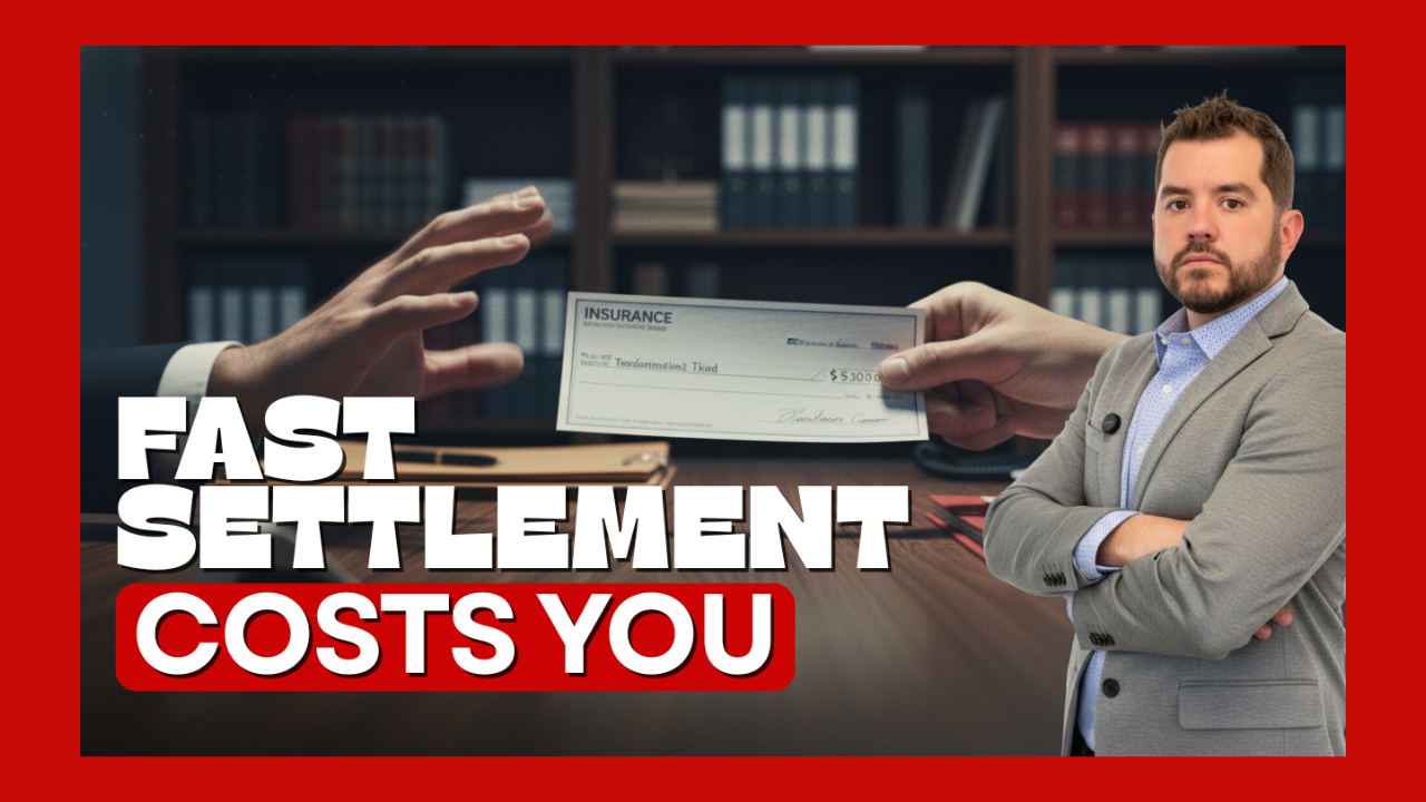4 | Indy Auto Attorneys Businessman in a gray suit stands with arms crossed as a check is handed over in a lawyer-like office; bold headline reads 'FAST SETTLEMENT COSTS YOU'.