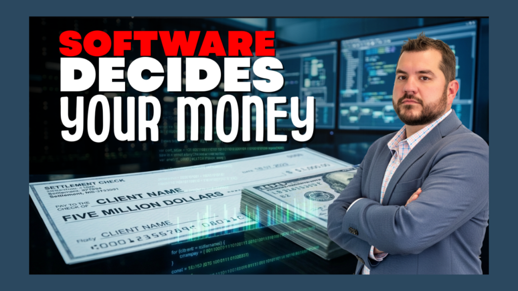 Man in a blue suit stands with arms crossed beside a large check for five million dollars and the bold headline 'Software Decides Your Money' against a tech backdrop.