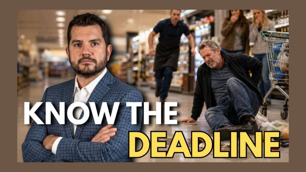 Businessman in a blazer stands with arms crossed in a supermarket; a man on the floor clutches his leg in the background, with a shopping cart and bold 'KNOW THE DEADLINE' text overlay.