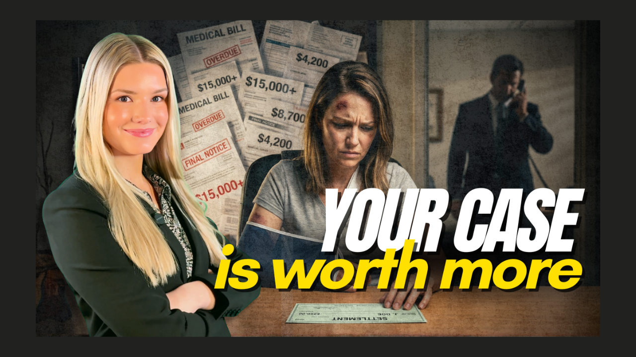 Advert for a personal injury lawyer: smiling woman in the foreground with arms crossed, injured person at a desk in the background, medical bills on the wall, and bold text saying 'YOUR CASE is worth more' across the image.
