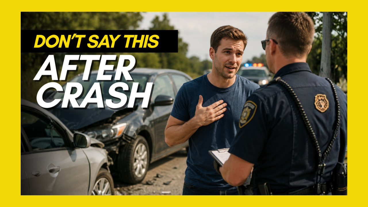 EImages Blog Images | Indy Auto Attorneys Man talks to a police officer beside two crashed cars; bold headline reads "Don’t Say This After Crash" on the image.