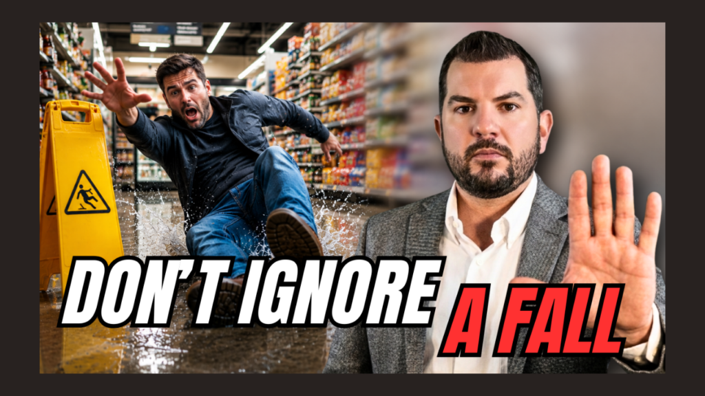 Man slips on a wet supermarket floor while another man raises a stop gesture; bold text reads 'DON'T IGNORE A FALL'.