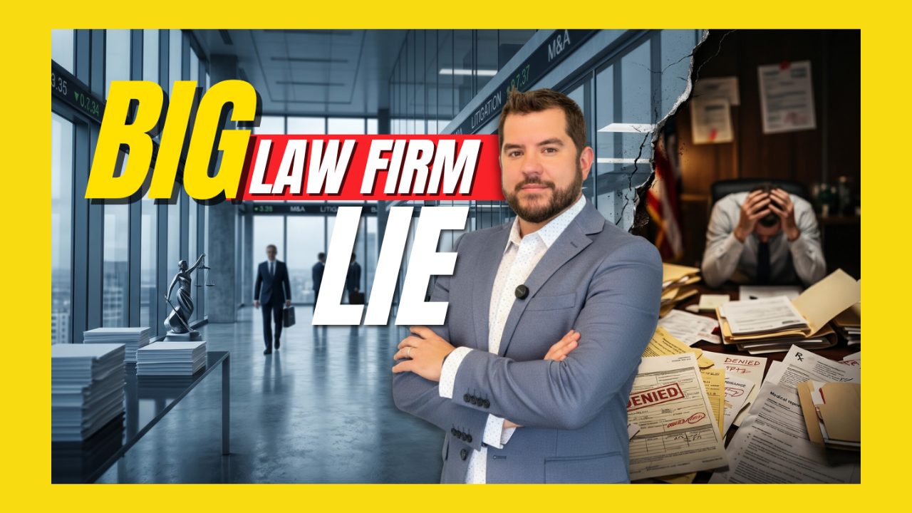 Promotional thumbnail: a lawyer in a blue suit stands confidently under a bold 'BIG LAW FIRM LIE' banner, with a stressed person and denied documents on the right.