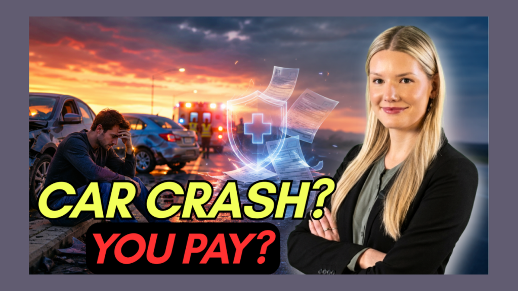 After a car crash, a distressed man sits beside damaged cars while a confident woman in a blazer stands foreground with a shield graphic and the bold text 'CAR CRASH? YOU PAY?'