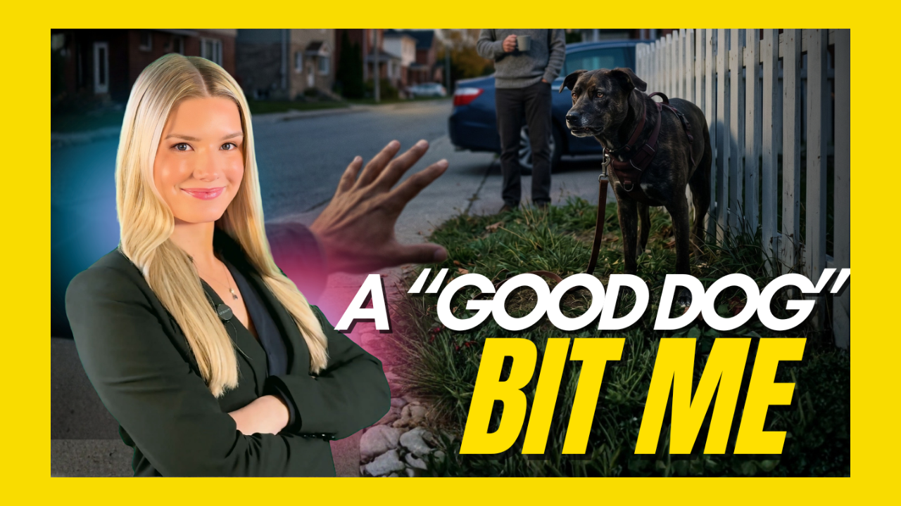 Thumbnail with a woman foreground left and a dog near a white fence; large white and yellow caption reads 'A GOOD DOG BIT ME'.