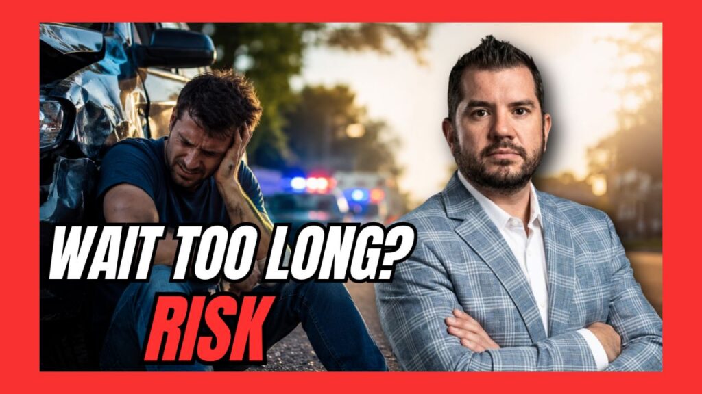 Split thumbnail: left side shows a distressed man by a damaged car, right side shows a confident man in a light blue checkered suit; bold white text 'WAIT TOO LONG?' and red 'RISK' across the bottom.