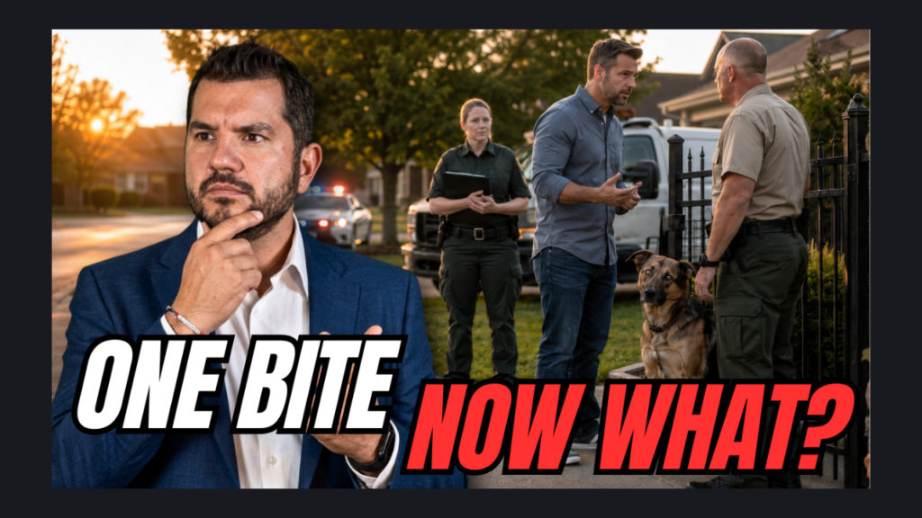 Man in a blue suit taps his chin in thought while responders and a police dog discuss outside a gated yard; bold text reads 'ONE BITE NOW WHAT?'