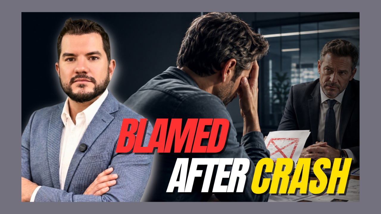 Three men in an office: a confident man in a blue suit on the left, a distressed man covering his face in the center, and another man at a desk on the right, with the bold headline 'BLAMED AFTER CRASH' across the image.
