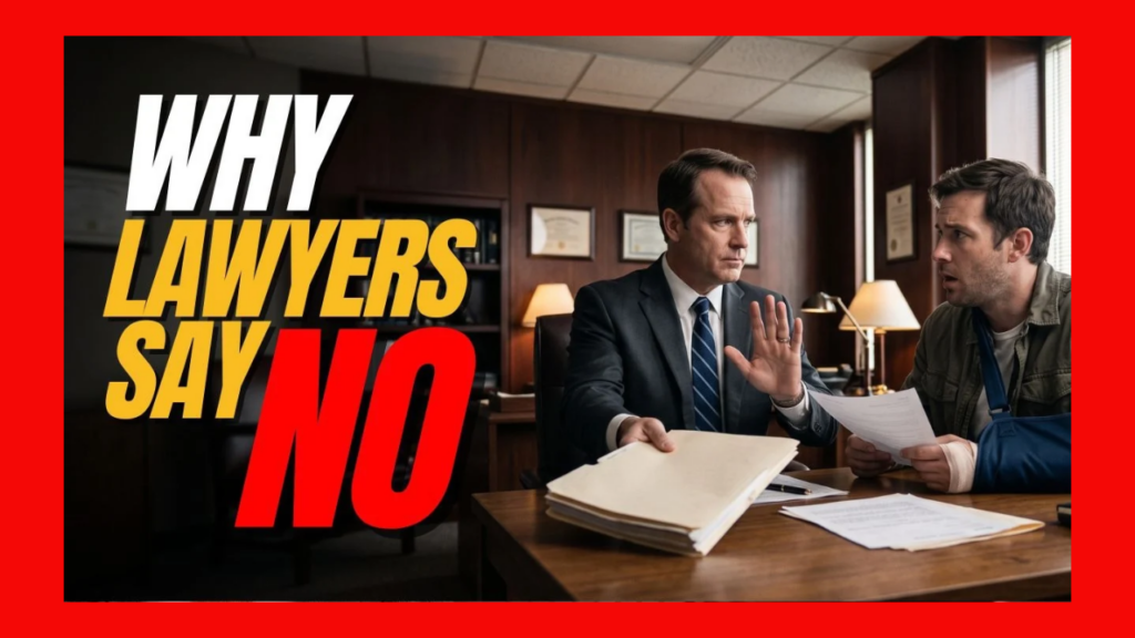 Two men in a law office discuss documents at a wooden desk, while bold yellow and red text reads 'WHY LAWYERS SAY NO' on the left.